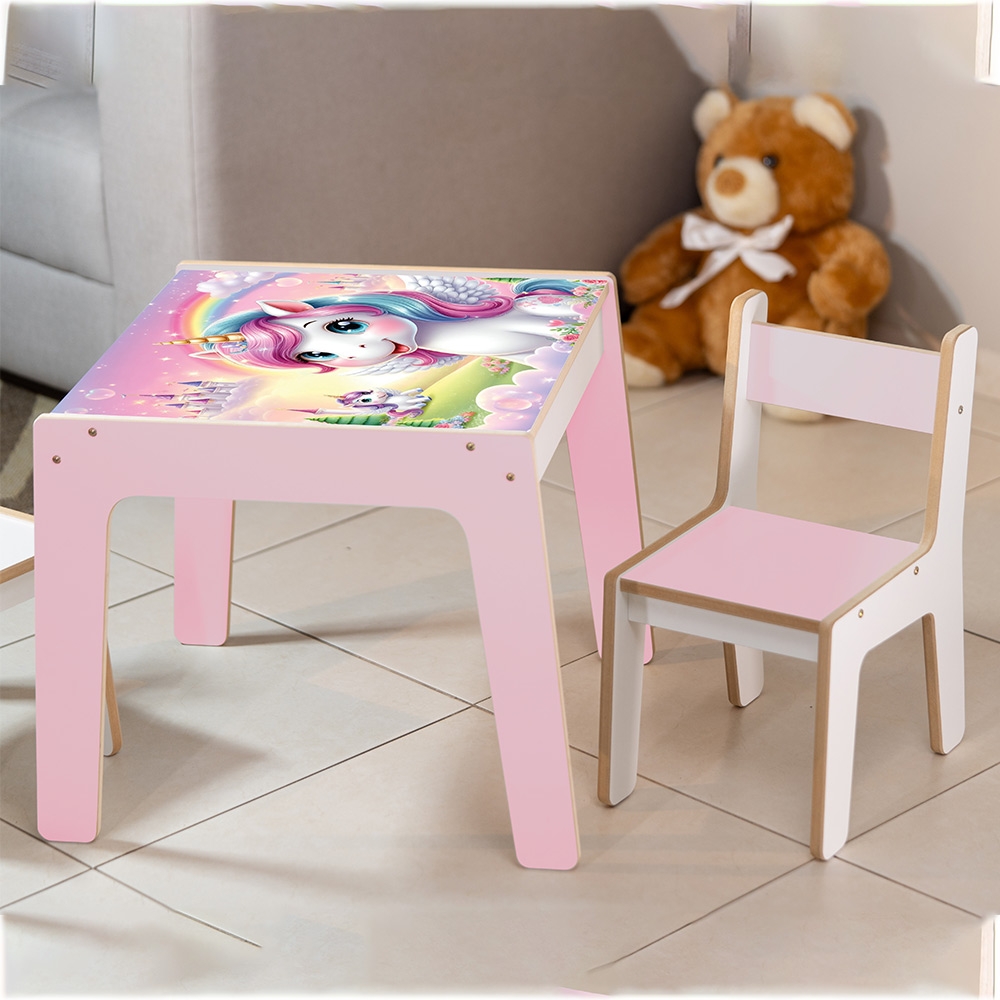 Mesa Infantil MDF Reino Unicórnio (Kit 1 Mesa + Cadeiras) - Branco / Rosa (1 Cadeira)