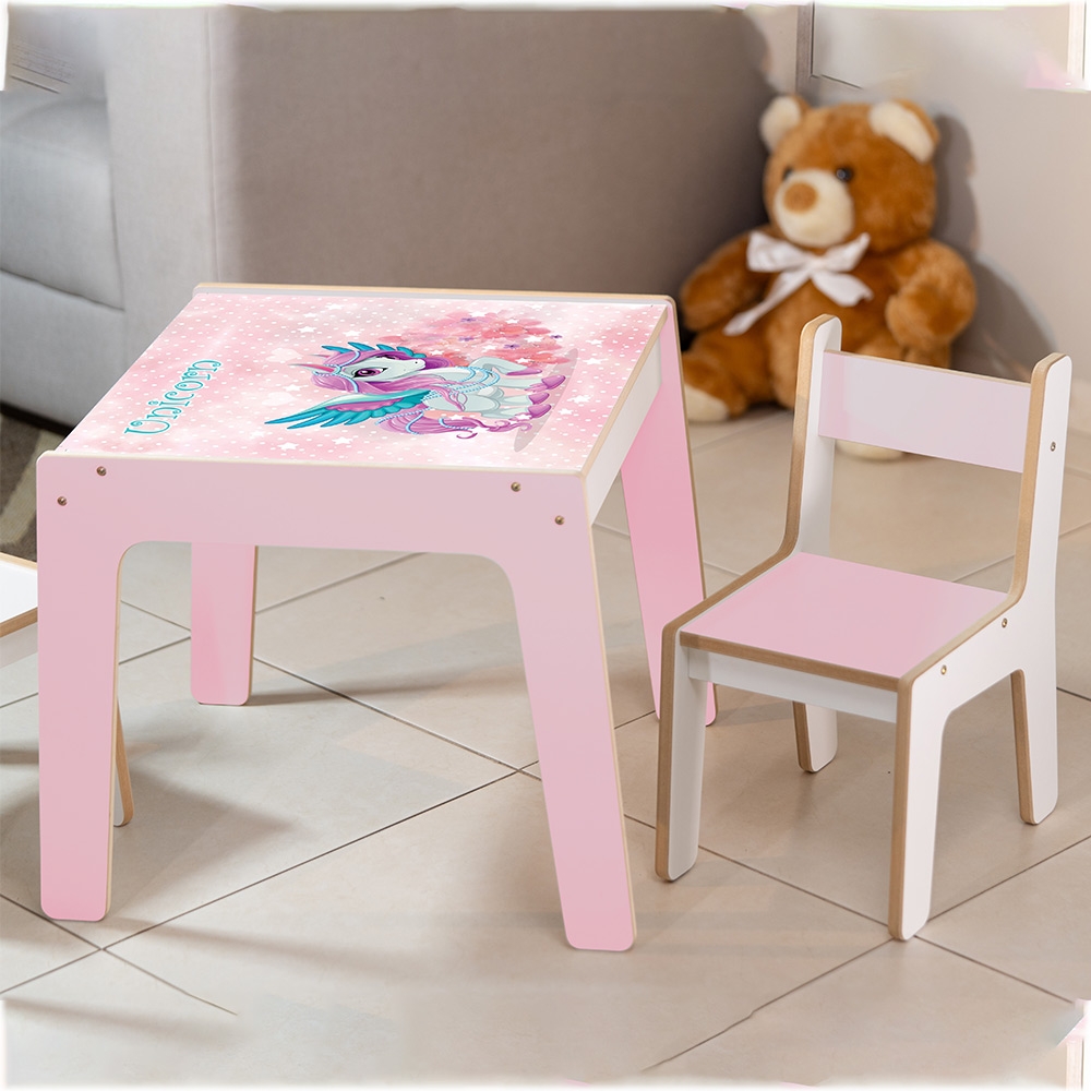 Mesa Infantil MDF Unicórnio (Kit 1 Mesa + Cadeiras) - Branco / Rosa (1 Cadeira)