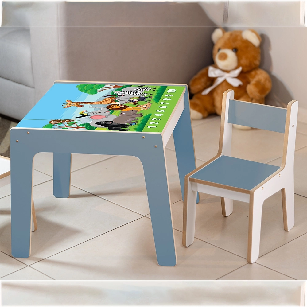 Mesa Infantil MDF Safari (Kit 1 Mesa + Cadeiras) - Branco / Azul (1 Cadeira)