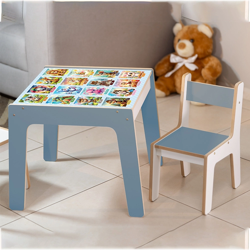 Mesa Infantil MDF Quadrinhos (Kit 1 Mesa + Cadeiras) - Branco / Azul (1 Cadeira)
